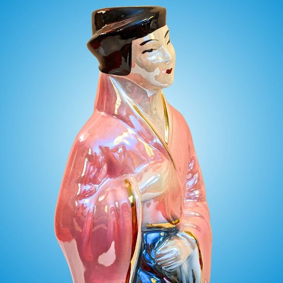 Tall mid-century Hollywood Regency lusterware Chinese pink black gold statuette - Picture 3 of 16